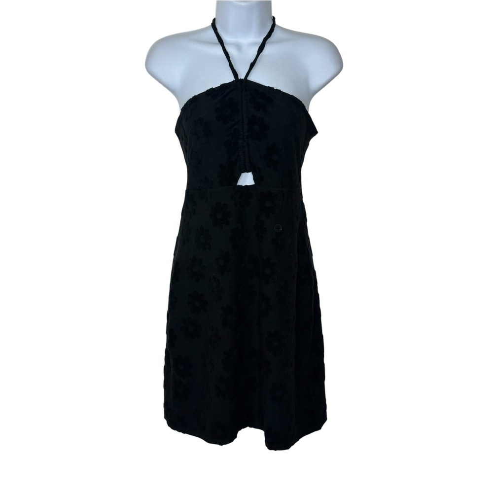 NEW American Eagle Halter Mini Dress Medium Black Floral Terricloth Cutout Beach